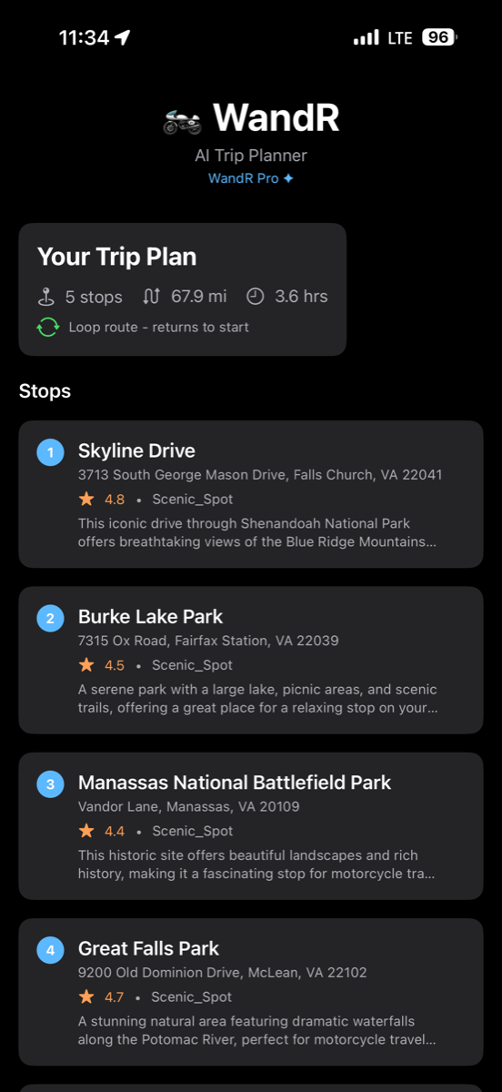 Trip plan showing 5 stops, 67.9 miles, 3.6 hours