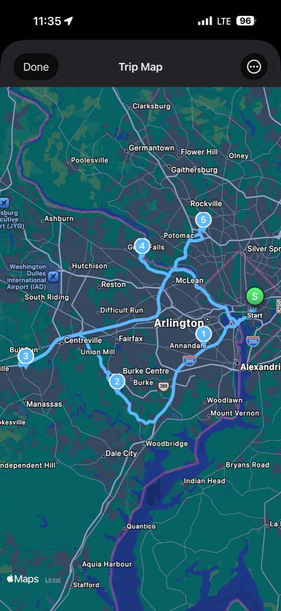 WandR trip map showing a 5-stop scenic motorcycle loop planned from Union Station DC