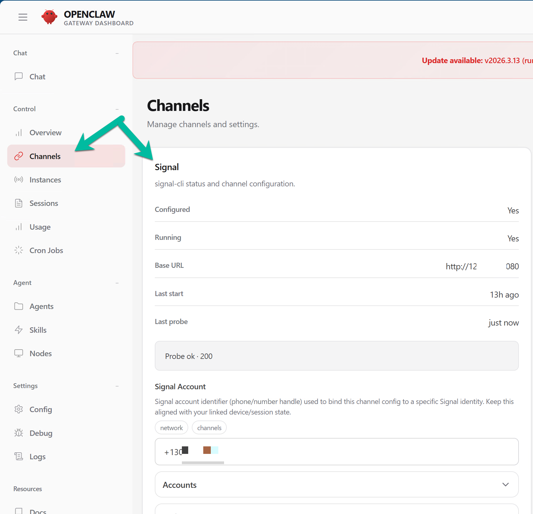Channels configuration — Signal connected, probe OK