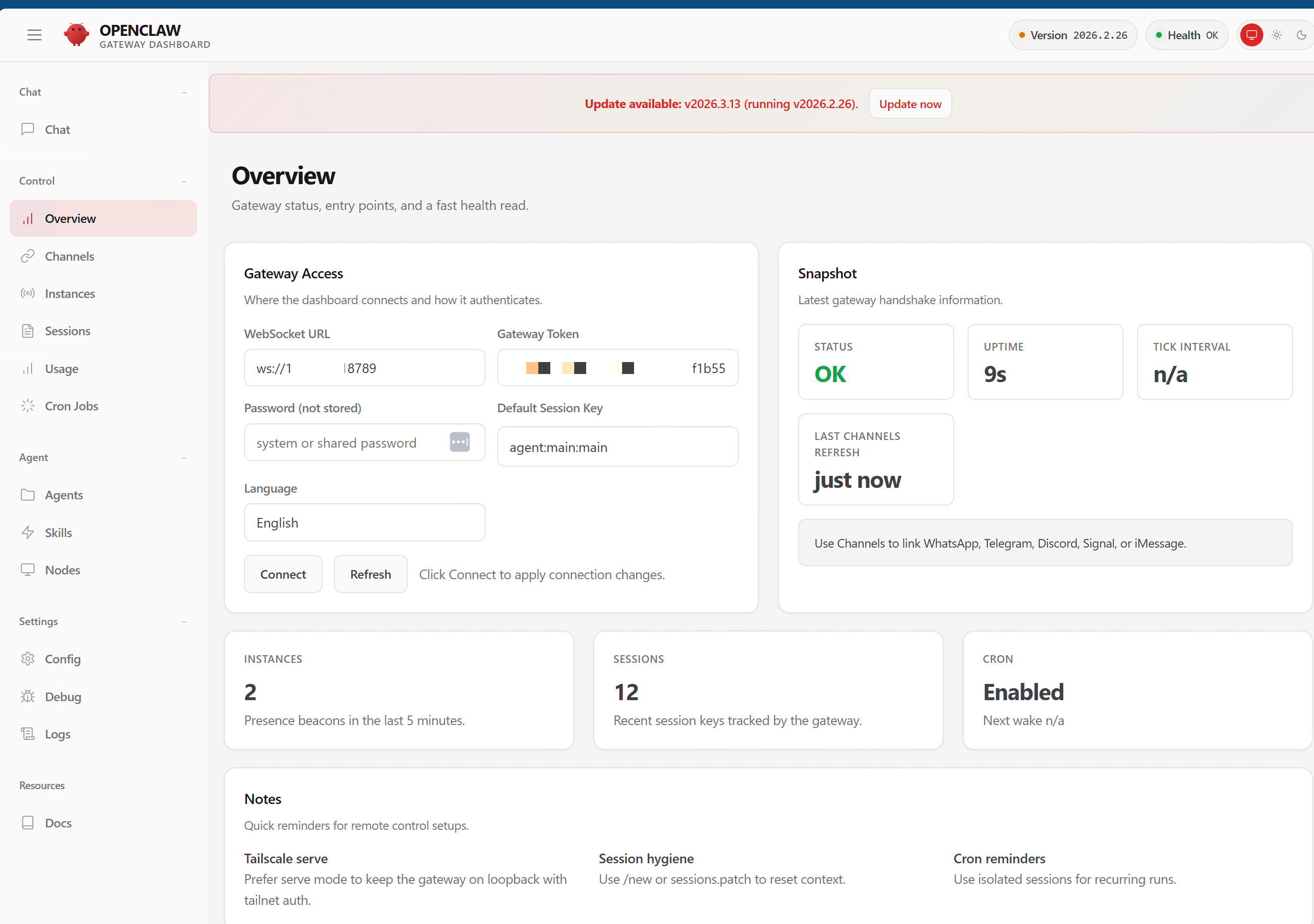 OpenClaw Gateway Dashboard showing healthy status, 12 active sessions, and cron jobs enabled