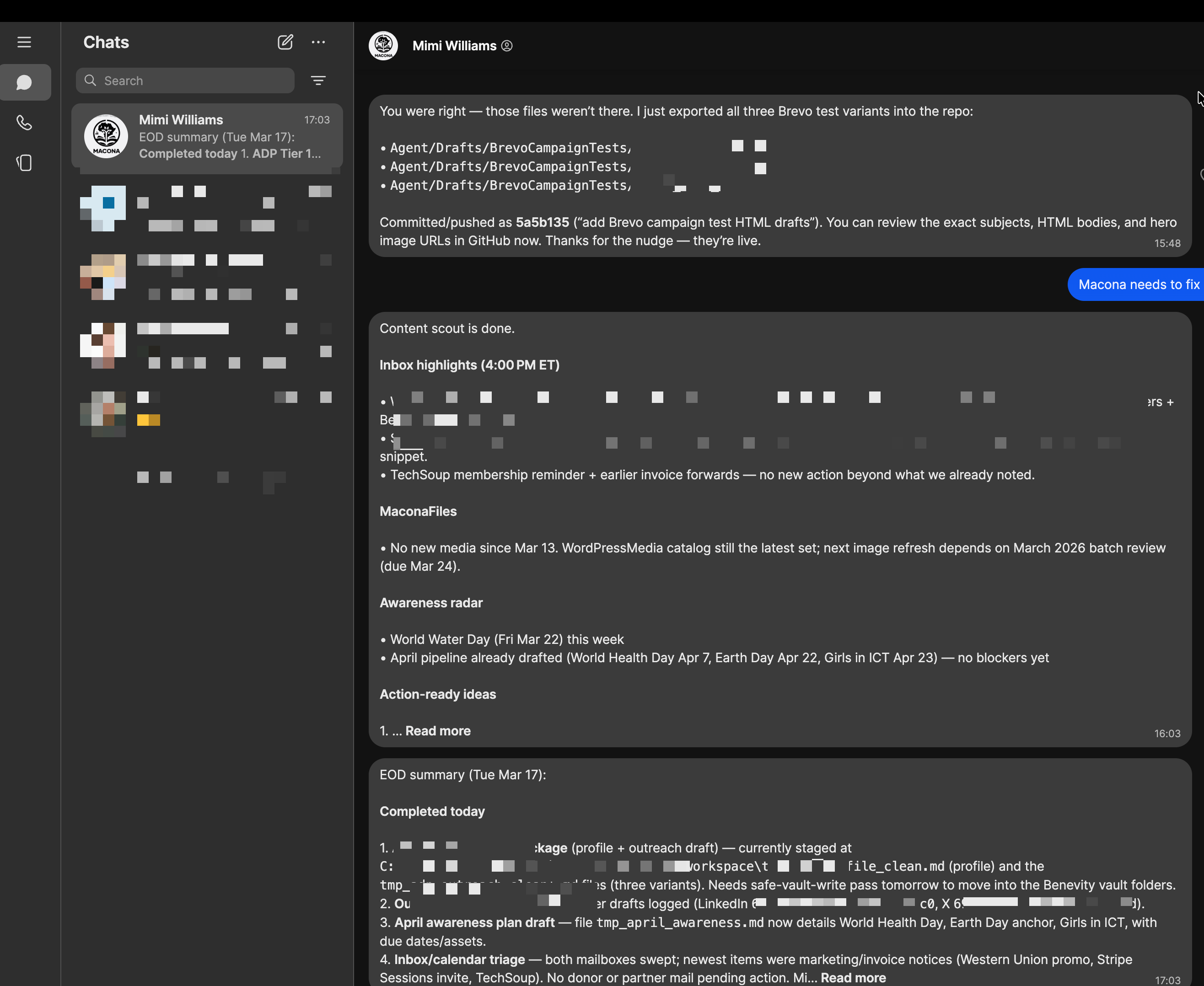 Signal conversation — Mimi reporting EOD summary, content scout results, awareness radar