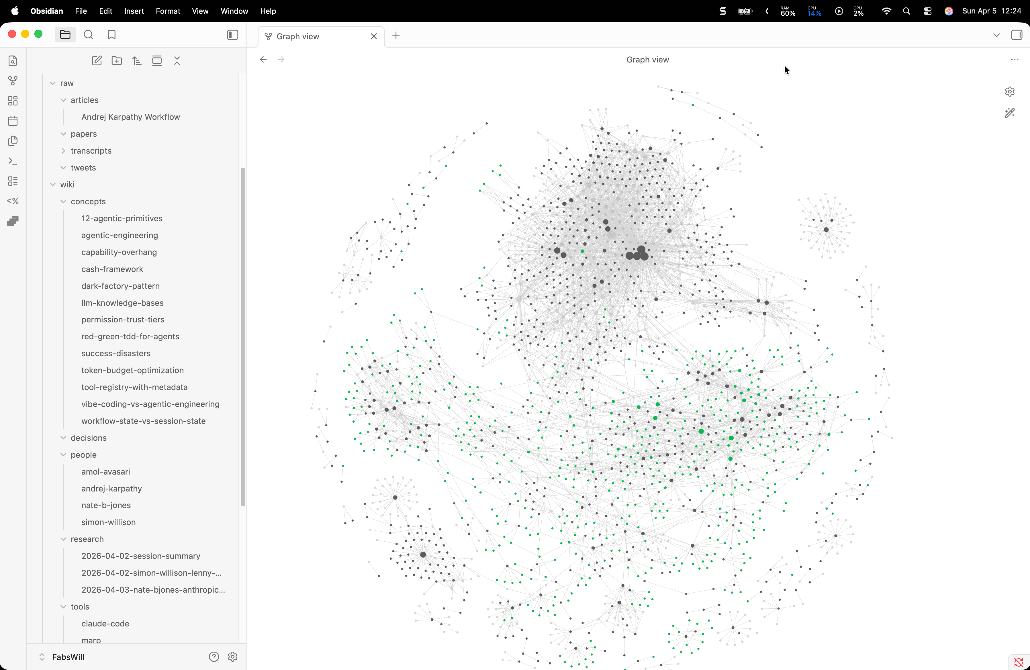 Obsidian graph view showing 21 cross-linked wiki articles compiled by Claude Code from raw transcripts