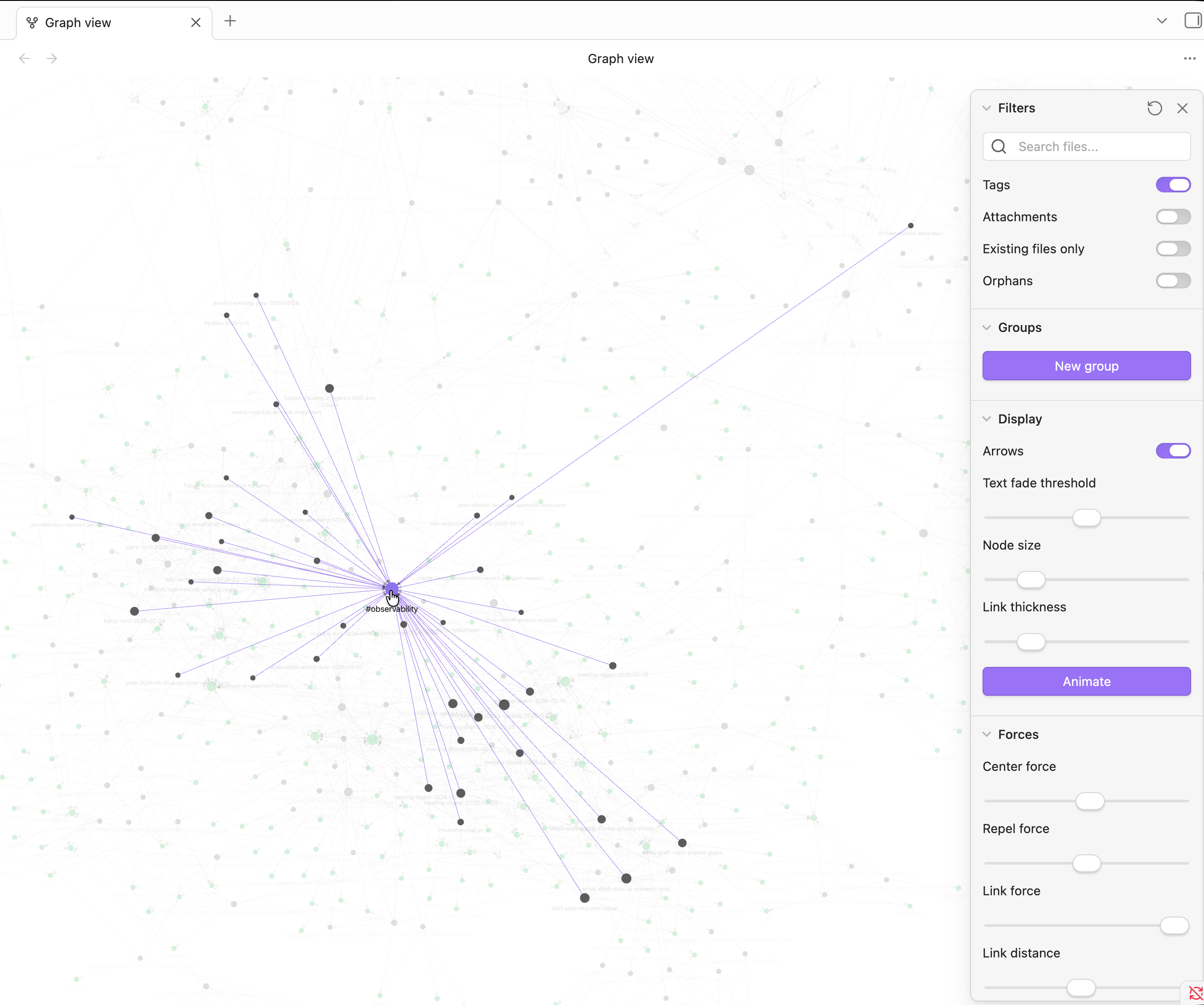 Obsidian graph view focused on tag observability showing how one concept radiates to connect everything