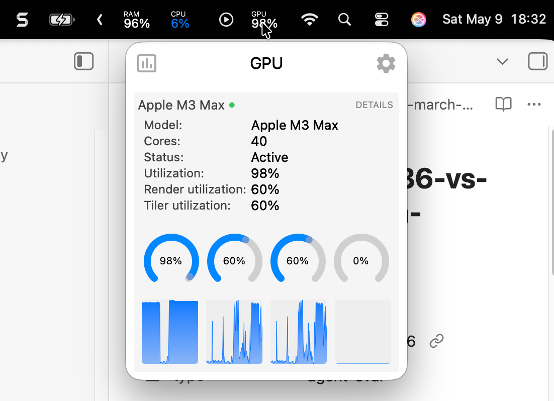 Closeup of M3 Max GPU widget — 98 percent utilization, 60 percent render, 60 percent tiler