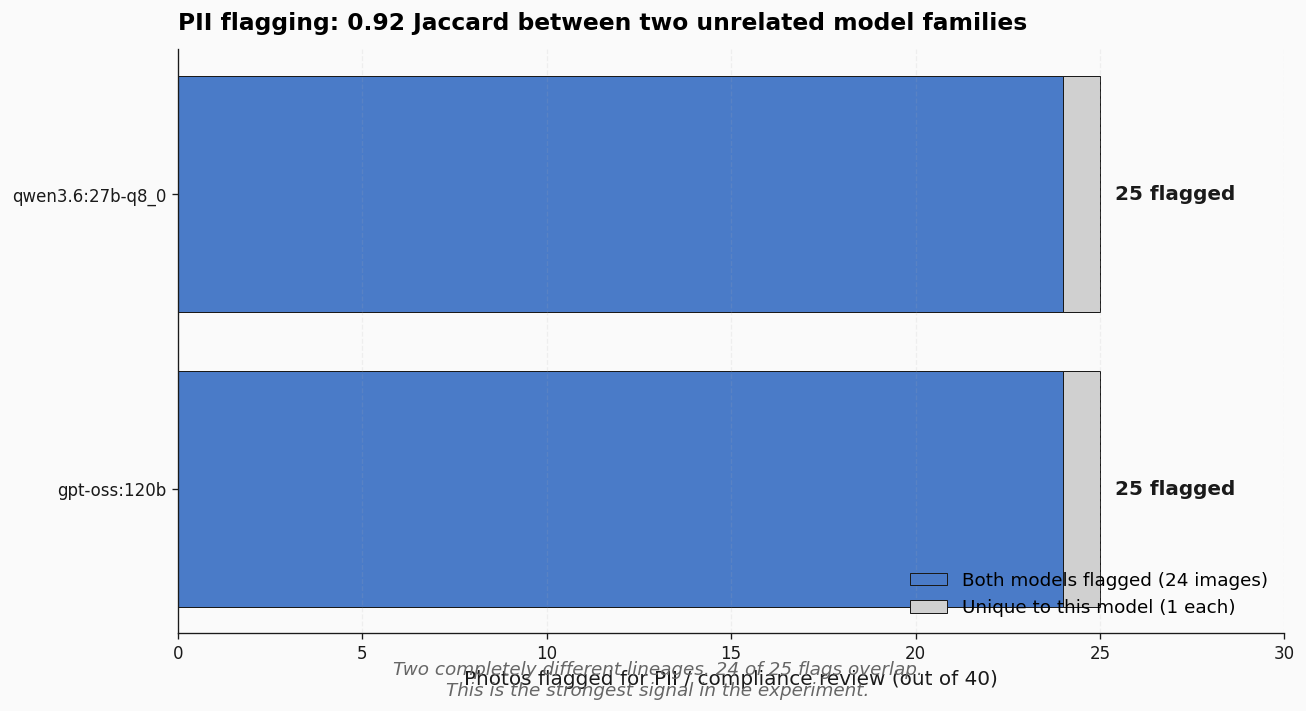 PII flagging Jaccard agreement — 24 of 25 photos flagged by both models