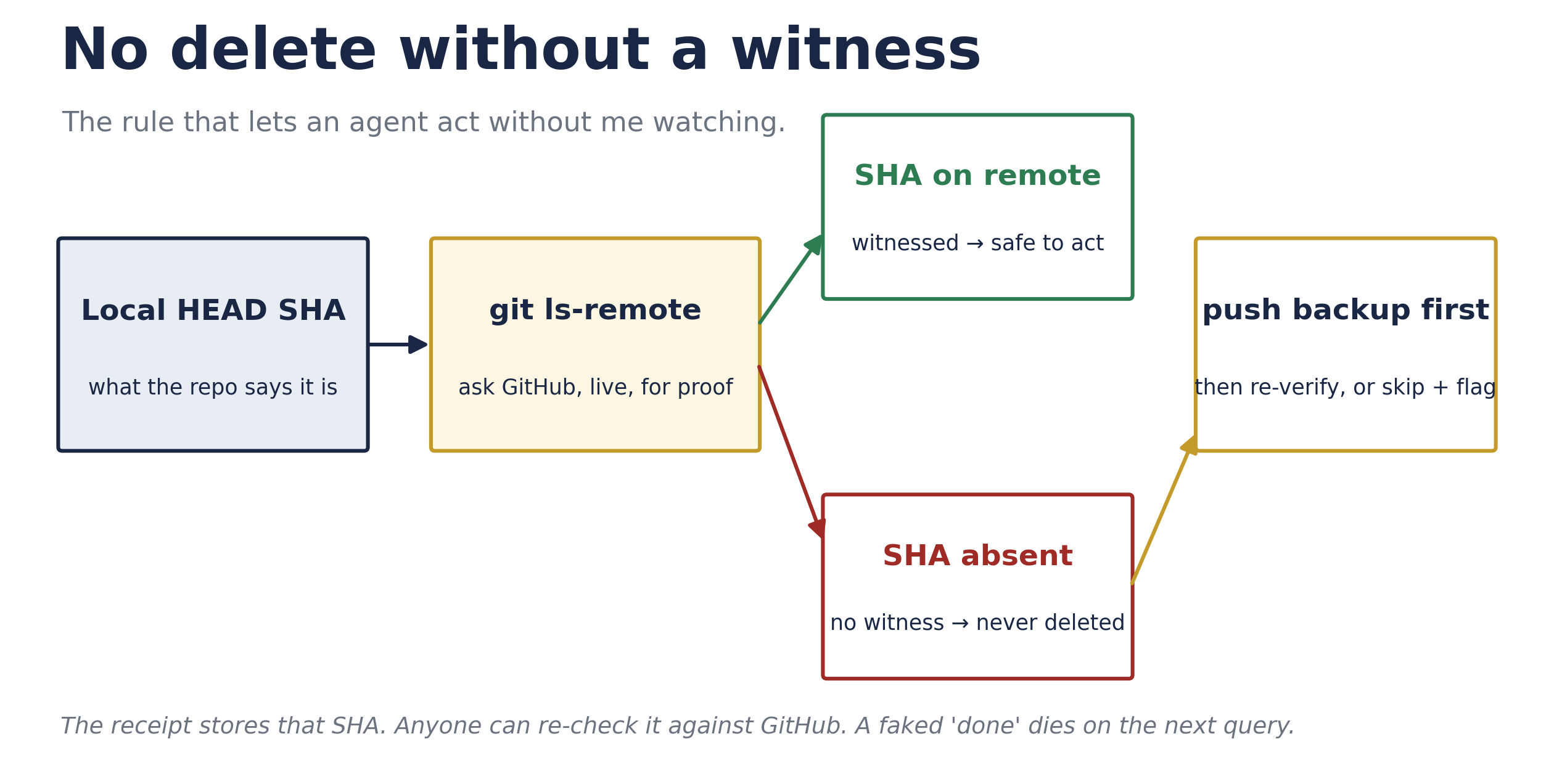 Flow diagram of the verified-backup invariant: local HEAD SHA goes to git ls-remote; if the SHA is on the remote it is witnessed and safe to act; if absent it is never deleted and gets backed up first