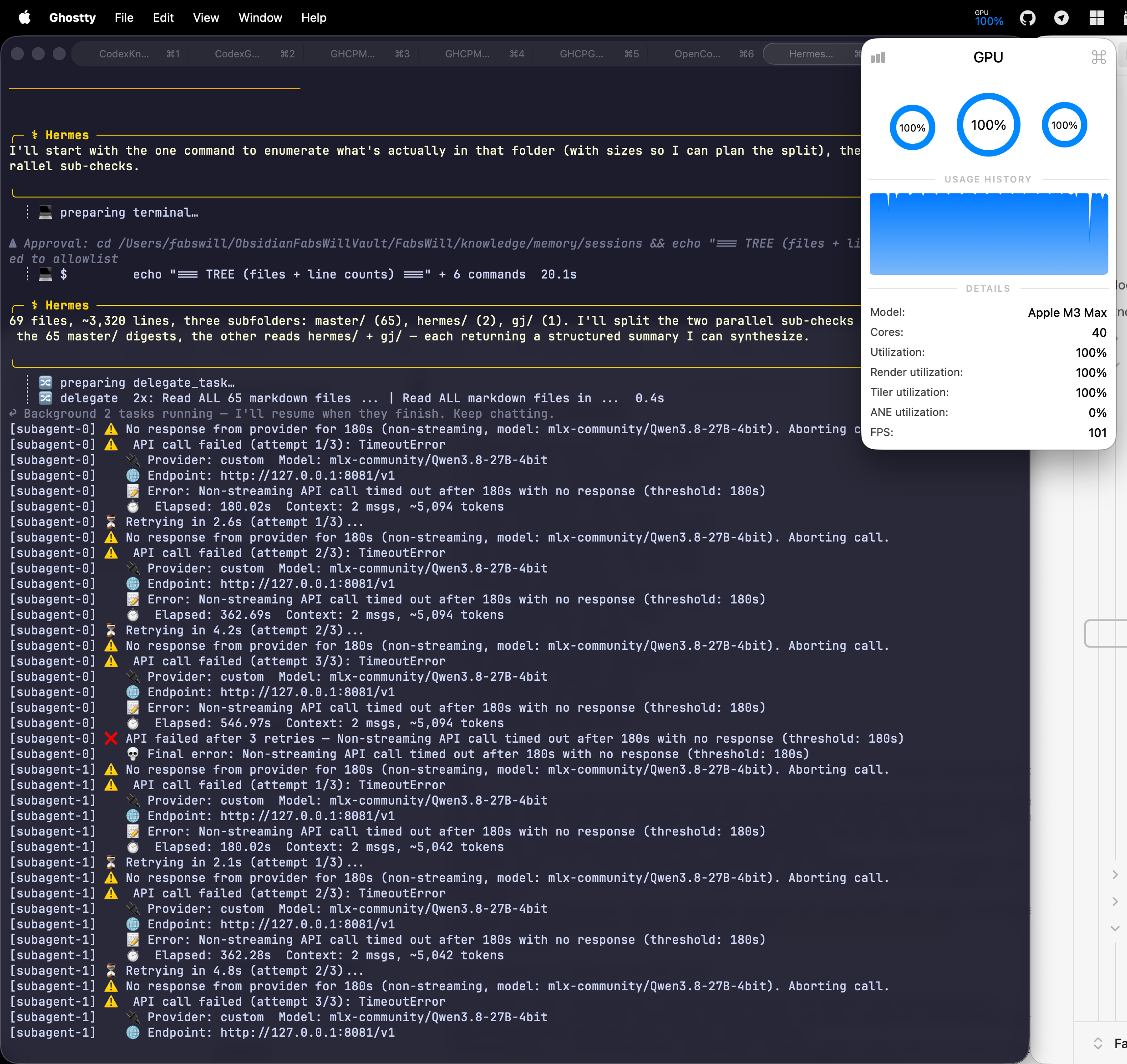 The GPU pinned at one hundred percent utilization while both sub-agents log repeated three-minute timeout errors against the local endpoint